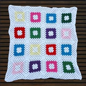 Vintage Homemade Crocheted Multicolor Square Design Afghan Throw Blanket